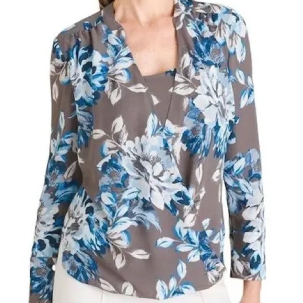Chicos New Size 3‎ XL Surplice Blouse Top Long Sleeve Floral Gray Blue